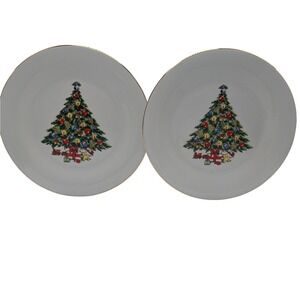 Pagoda Christmas Salad Plates Christmas Tree‎ Gold Trim Set of Two Liling SEE
